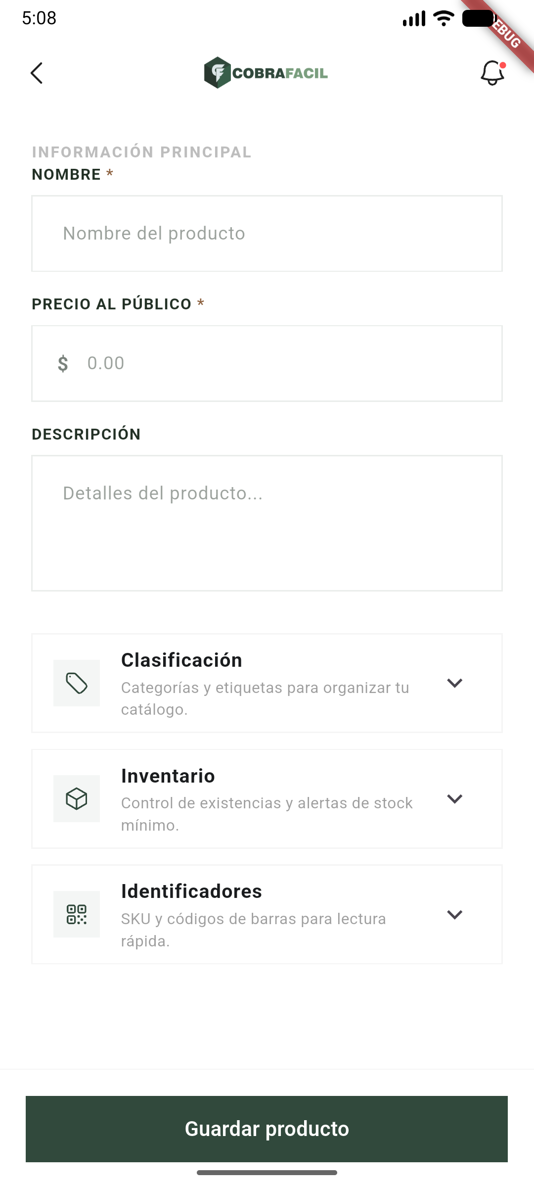 Pantalla de Guardar Producto