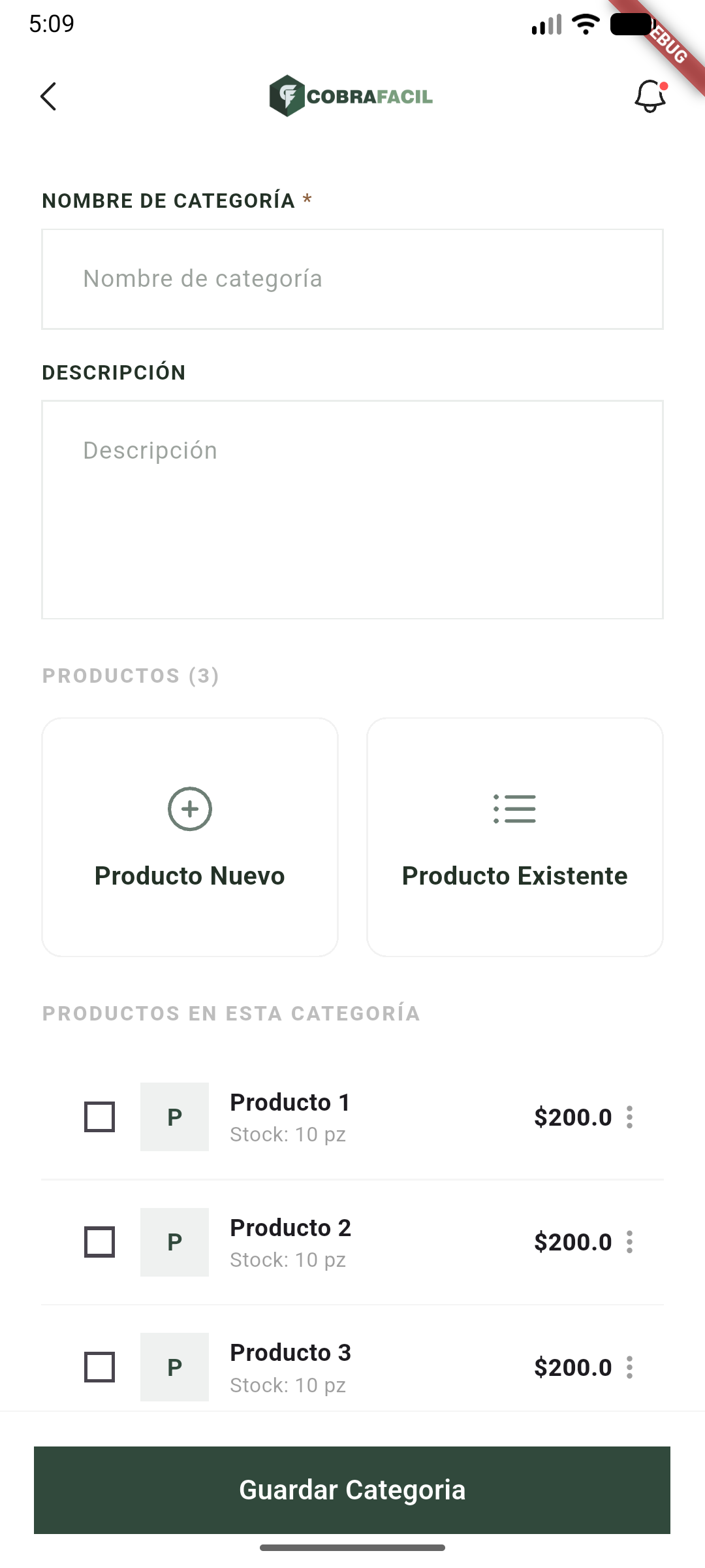 Pantalla de Guardar Categoria